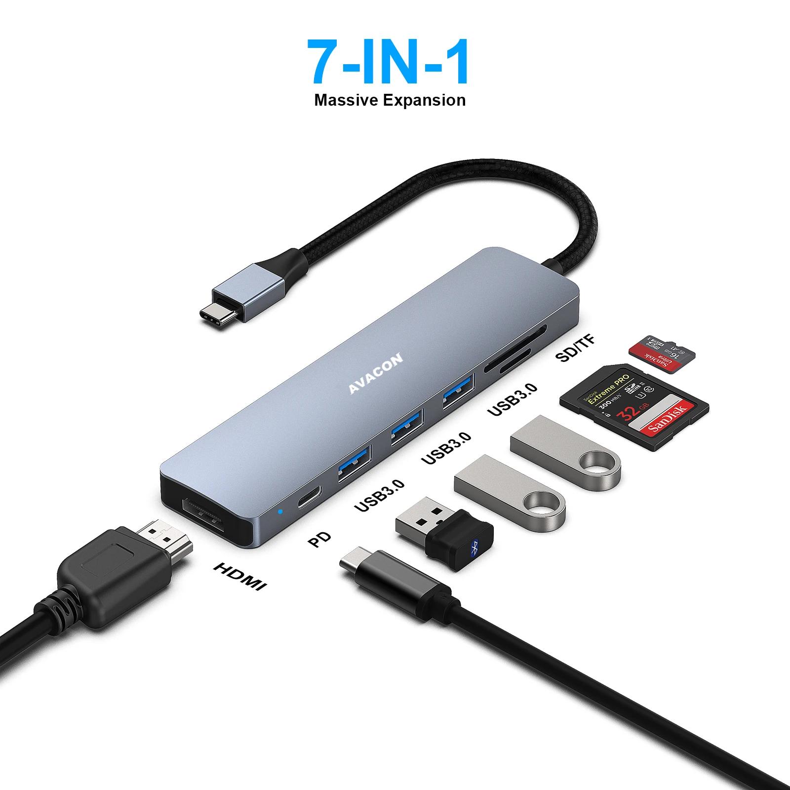 AVACON 7in1 USB C , 4K@60Hz HDMI, SD/TF ī , 3xUSB 3.0, 100W  , iPhone 15 Pro/Max, MacBook, iPad Pro, iMac,
